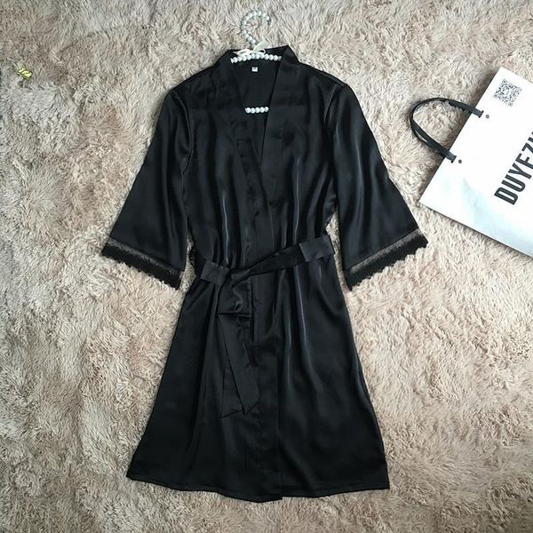 

female satin night-robes superior quality woman bath with lace1, Black;red