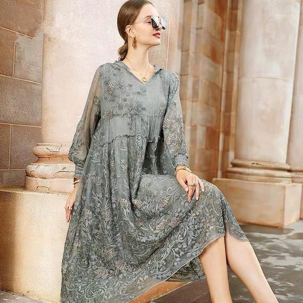

2020 new summer elegant mesh lace embroider women a line dress hooded cap full sleeve dresses loose vestido plus size 4xl1, Black;gray