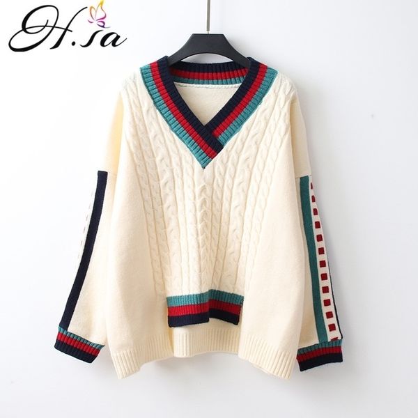 

h.sa korean style women winter fashion pullover and sweaters v neck twisted irregular pull femme sueter mujer invierno y200910, White;black