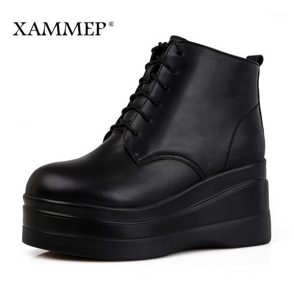 

women genuine leather boots mid calf boots women winter shoes natural wool brand shoes with platform 42 43 xammep1, Black