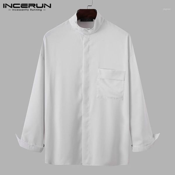 

incerun men shirt stand collar long sleeve solid color fashion casual shirts streetwear button korean style camisas hombre s-5xl1, White;black