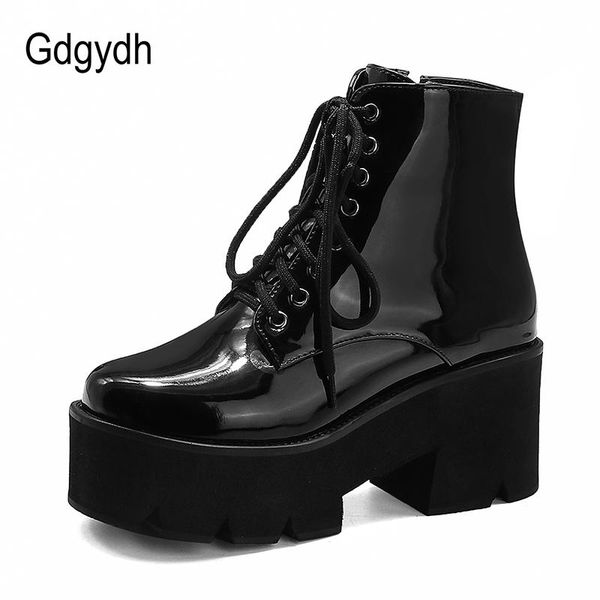 

gdgydh punk style platform heel womens ankle boots chunky motorcycle boots for women patent leather purple yellow shoes big size, Black