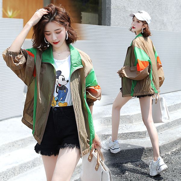 

2021 new mode female style sleeve splice zipper jacket outerwear will see sun protection clothes k93 wi9n, Black;brown