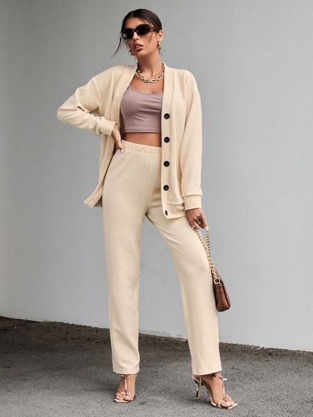 

button front drop shoulder jacket & pants s788#, White