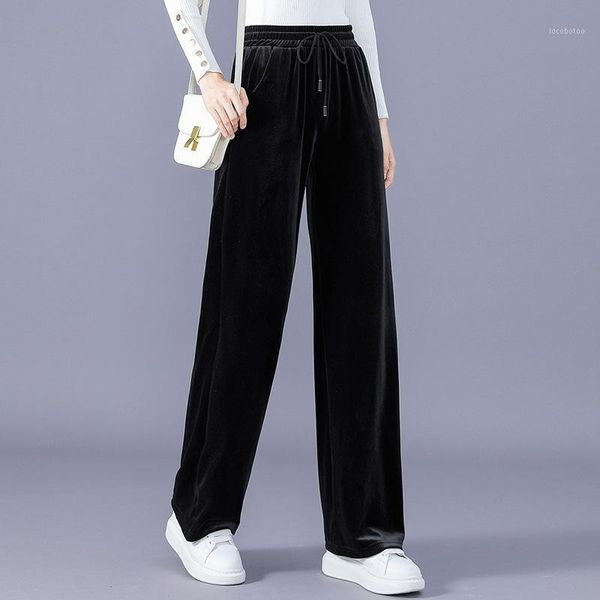 

women's pants & capris 2021 plus size s-6xl autumn thick women long velvet england loose casual staight wide leg velour pants1, Black;white