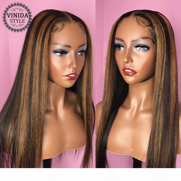 

vinida style highlight straight 150% density t-part lace front human hair wigs scalp closure wigs with baby hair non-remy, Black;brown