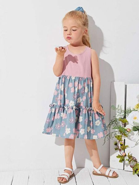 

toddler girls floral print frill trim dress she, Red;yellow