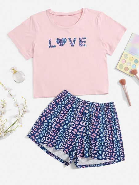 

plus letter & leopard print pj set i7mj#, Black;white