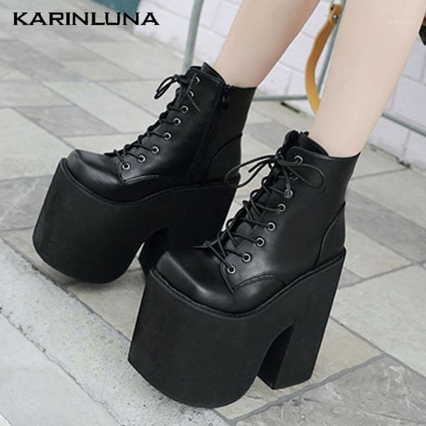 

karin sale shoes woman high platform cross-tied square thick heels ankle boots sqaure toe autumn boots1, Black