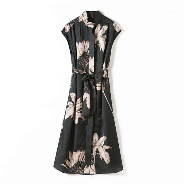 

women dress 2020 new palm leaves flower print black dress1, Black;gray