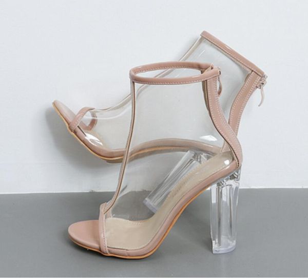 

boots transparent high heels women ankle sandals clear crystal peep toe ladies jelly shoes nightclub pumps plus size, Black