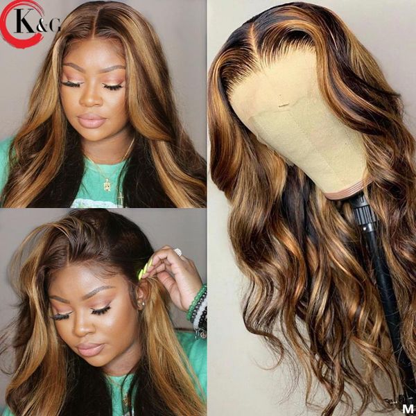 

lace wigs kungang highlight t-part middle part front human hair wave 150% density with baby ratio non-remy, Black;brown