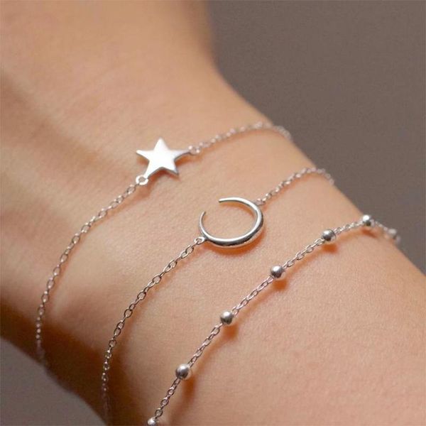 

3-piece simple star moon bead metal bracelet set charming women's wedding silver color bracelet fashion girl party jewelry gift, Black