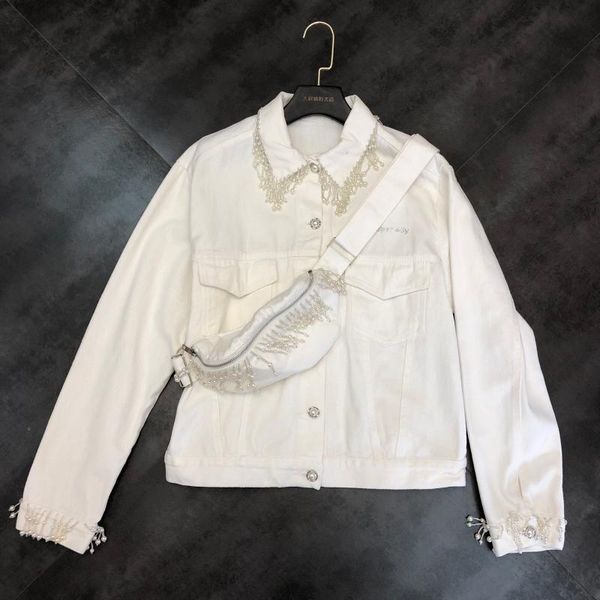 

2020 autumn new pearl fringed chain decorative waist bag white denim jacket short coat shirt tide, Black;brown
