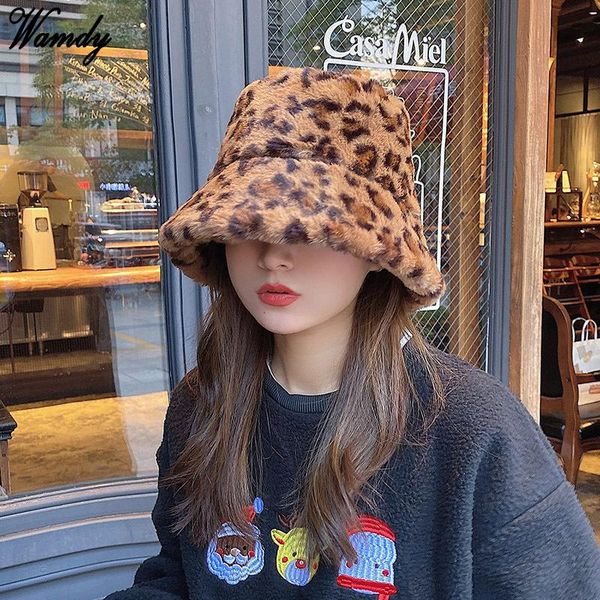 

winter cow leopard print faux fur plush bucket hats for women outdoor warm hat soft velvet fisherman cap lady fashion panama, Blue;gray