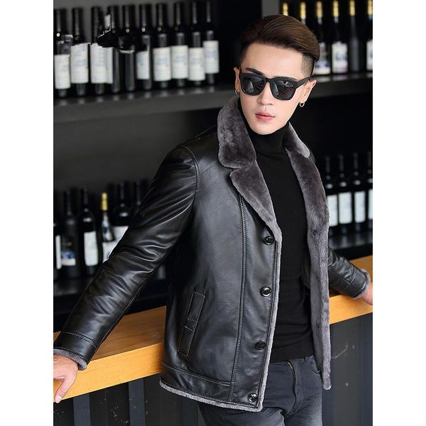 

men's leather & faux genuine sheepskin jacket men real wool fur liner coat autumn winter plus size coats chaqueta cuero hombre zl861, Black
