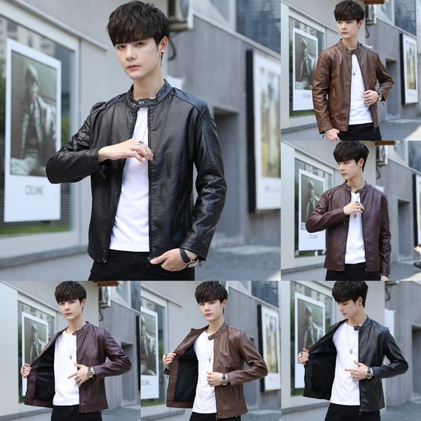 

men's new korean slim trend young wallet wallet wallet wallethandsome men's casual soft leather jacket stand collar leather jacket, Blue