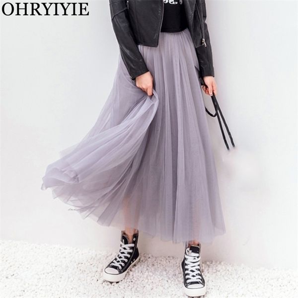

ohryiyie spring summer vintage skirts womens elastic high waist tulle mesh skirt long pleated tutu skirt female jupe longue y200326, Black