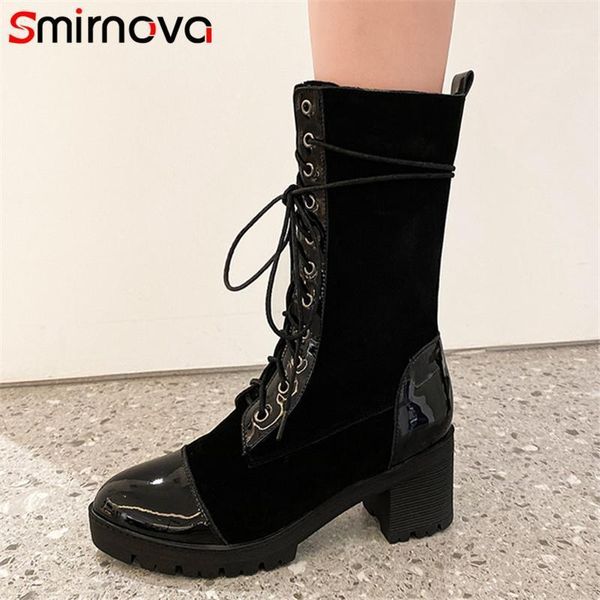 

boots smirnova 2021 arrive thick high heel casual shoes women ankle flock +patent leather cross tied simple ladies boots1, Black