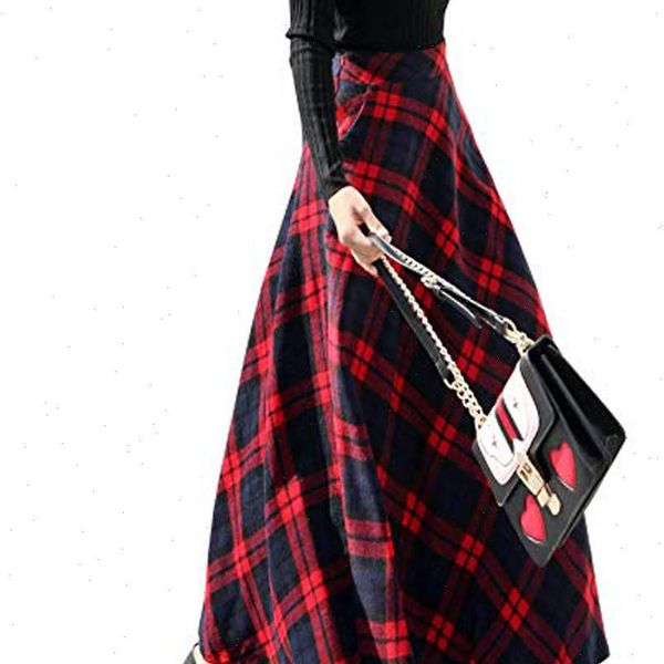 

autumn winter grid printed skirt women high elastic waist maxi skirt a line warm evening party flare long skirts red black