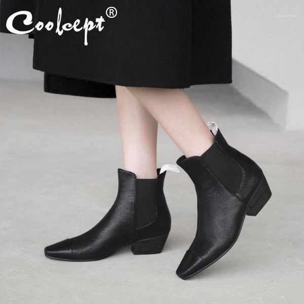 

boots coolcept women fashion pointed toe ankle office work short shoes woman slip on botas size 33-401, Black