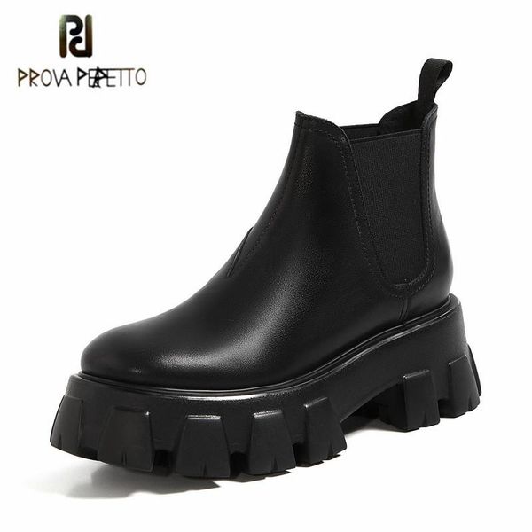 

prova perfetto new style black women boots genuine leather round toe thick bottom plush party boots winter ankle for mujer