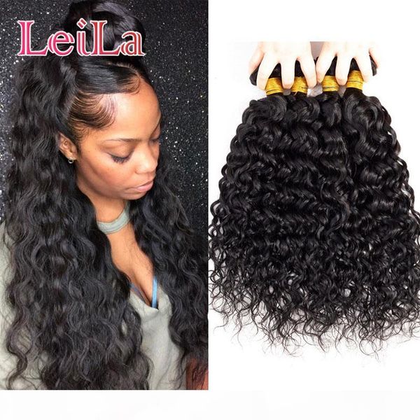 

malaysian 100% unprocessed human hair raw hair extensions 8-28inch water wave 4 bundles 8a wholesale leila wet and wavy, Black