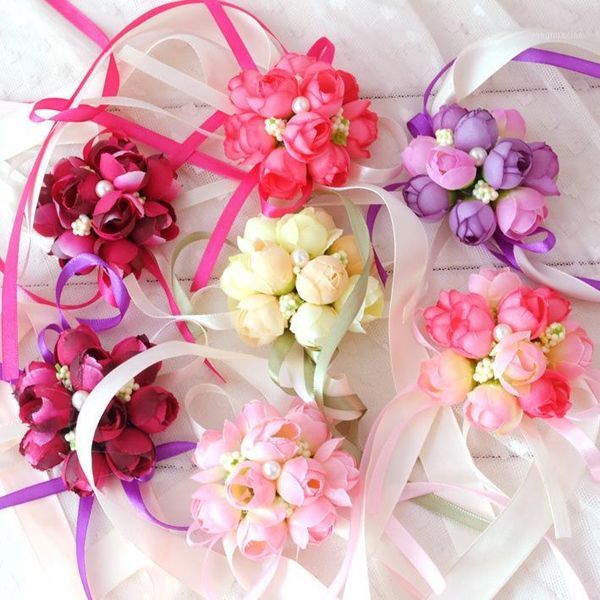 

decorative flowers & wreaths 10pcs wrist flower rose silk ribbon bride corsage hand wristband bracelet bridesmaid curtain band clip bouquet1