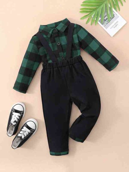

baby buffalo plaid print shirt & suspender pants she, White