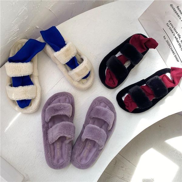 

slippers casual women's shoes with platform low fur flip flops winter footwear slides pantofle luxury massage flat plush soft, Black