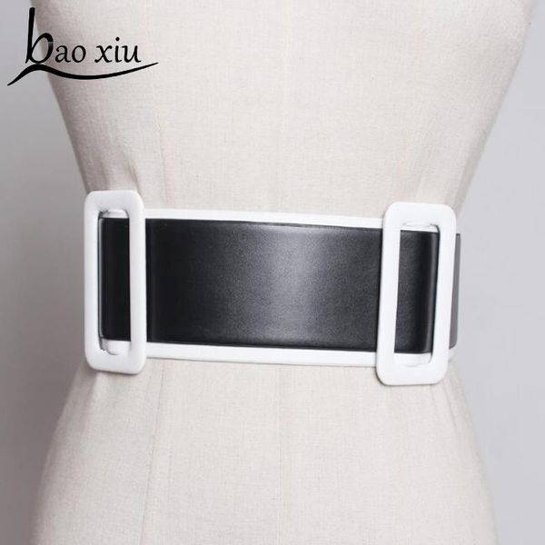 

new vintage women double buckle waistband leather belt wide corset female casual elastic strap cummerbund dress belt accessories, Black;brown