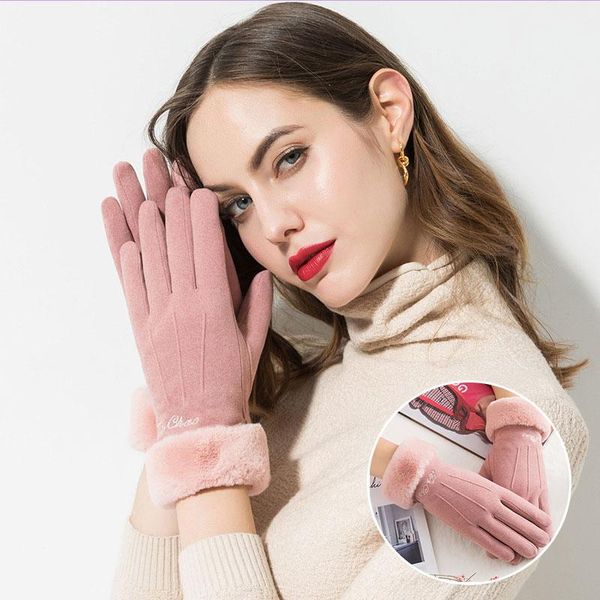 

five fingers gloves faux fur wrist mouth full finger touch screen double layer plus velvet thickening solid color driving glove, Blue;gray