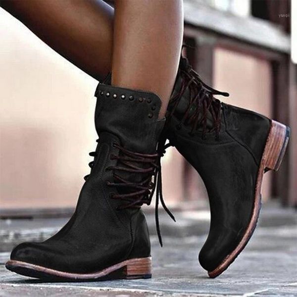 

boots 2021 autumn women retro female shoes block motorcycle booties plus size leather low heel mid calf boots1, Black