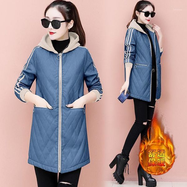 

women's winter pu leather clothing fashion korean hooded loose casual plus-size add cotton jacket women's winter warm pu coat1, Black