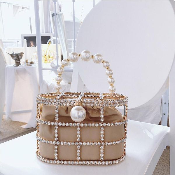 

openwork basket design diamonds pearls women's luxury party handbags evening bag fashion totes bag pouch bosla