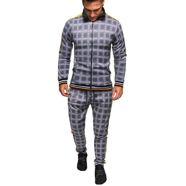 

men's tracksuit spring autumn fashion checked tracksuit casual two piece set men's sports suit 2020 clothing, Gray