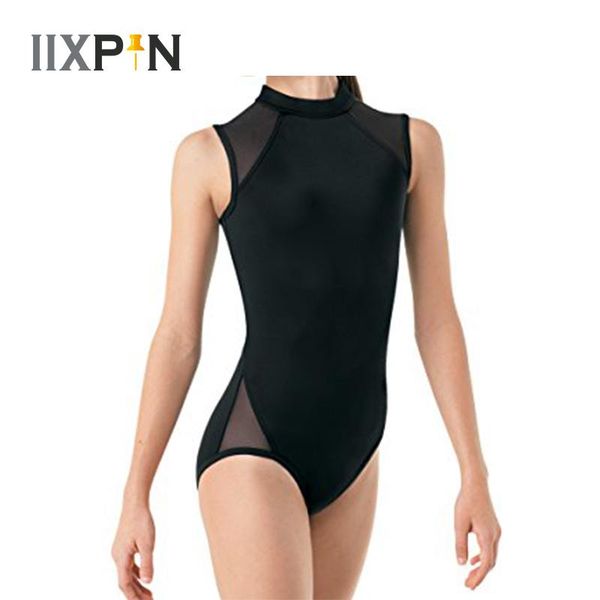 

балет трико для девочек купальник без рукавов mock neck mesh сращивание назад молнии закрытие балетный танец гимнастики купальник комбинезон, Black;red