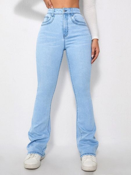 

high waist bleach wash flare leg jeans z4ko#, Blue