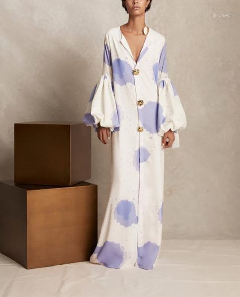 

cover-ups fashion dress beachwear party long dresses maxi white blue deep v bubble sleeves loose print 2021 1