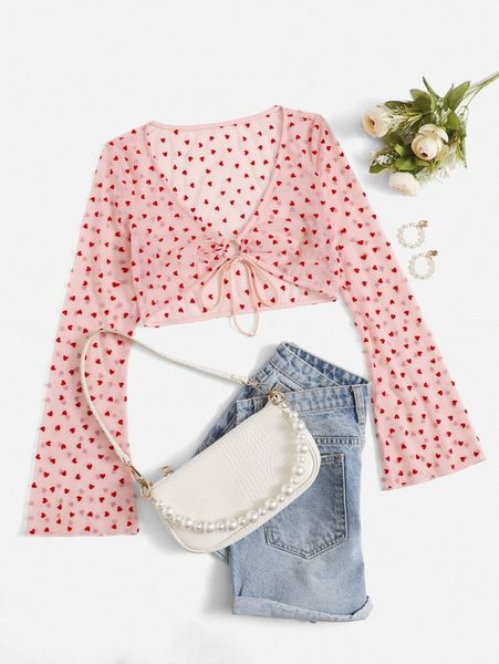 

allover heart print lace up crop mesh u14u#, White