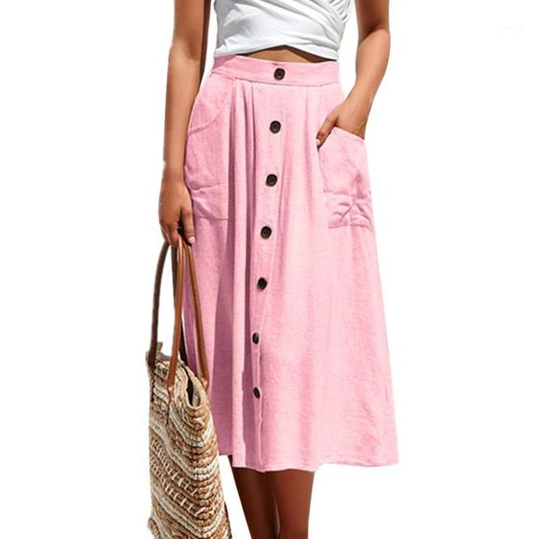 

women skirt solid color button loose pockets skirt for summer -mx81, Black