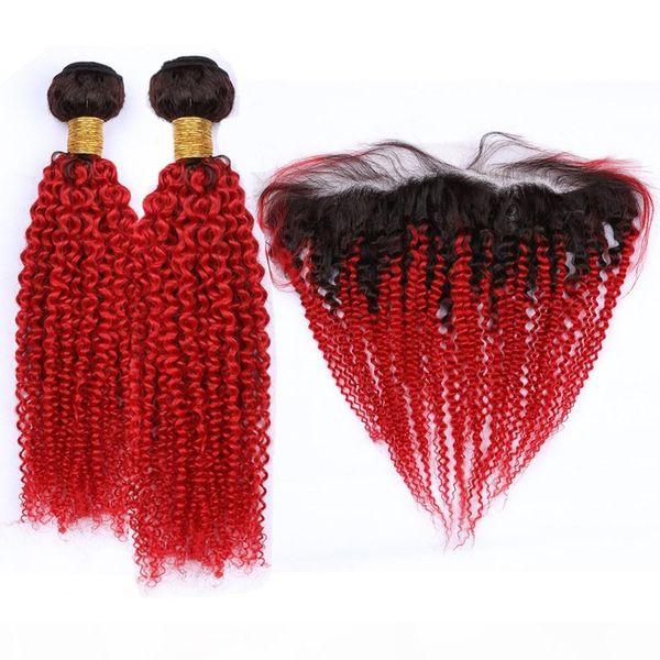 

indian virgin human hair ombre red kinky curly 2bundles and 13x4 frontal closure #1b red ombre weave wefts dark roots with lace frontal, Black;brown