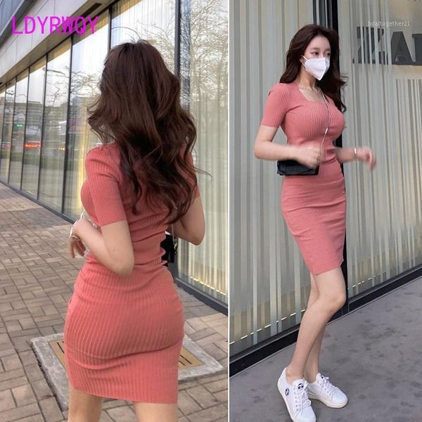 

party dresses 2021 summer korean women's temperament tight body short sleeve dress hip pack knee-length office lady knitting cotton1, White;black