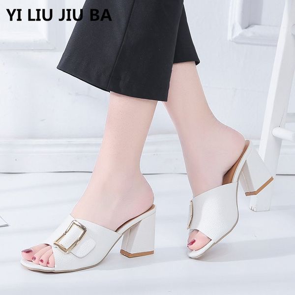 

2019 women shoes summer high heels peep toe ladies party shoes fashion buckle slippers outdoor shoes women plus size 35-40 **606 y200423, Black