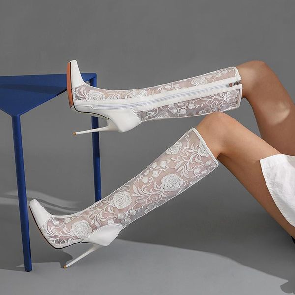 

arden furtado autumn fashion stilettos heels women's shoes elegant temperament embroidered red knee high boots 48, Black