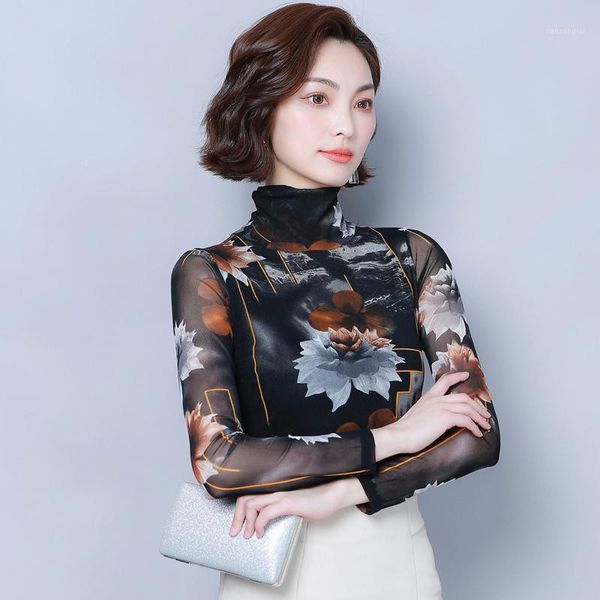 

2019 new women shirts turtleneck mesh print blouse shirt 99321, White