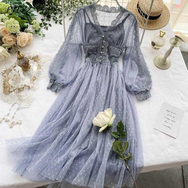 

ftlzz sweet tulle long dress spring summer high waist long sleeve v neck polka dot bohemian dress female slim fairy dresses1, Black;gray