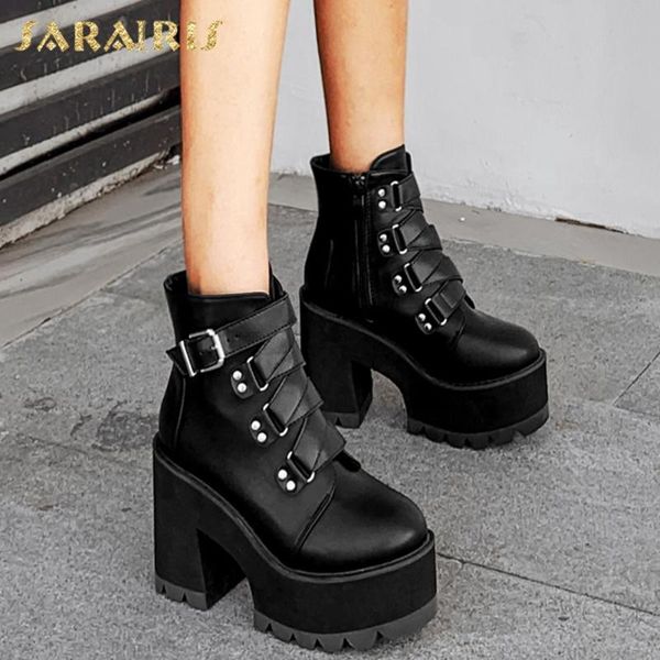 

sarairis 2021 new arrivals autumn punk style 11cm high heel killer booties platform thick bottom zipper ankle boots woman shoes, Black