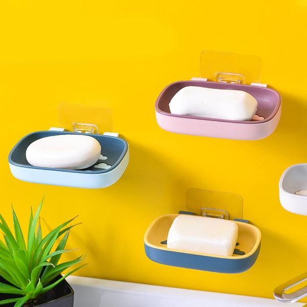 

self-adhesive double layer soap holder no drilling wall-mounted soap dish tray sponge clouds drain rack bathroom accessories q wmtnmr