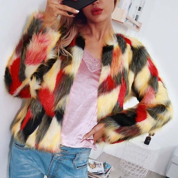

elegant autumn winter contrast color faux fur coat women long sleeve fashion fur jacket hairy overcoat female coat 2018 6q20951, Black